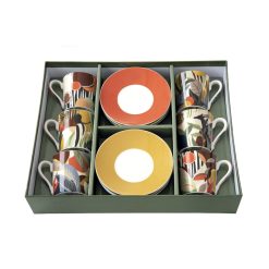 Coffret composé de 6 tasses à café et soucoupes sérigraphiés au motif Jungle coloré. Livré en coffret cadeau. Chaque tasse est différente et sérigraphiée aux couleurs chatoyantes.