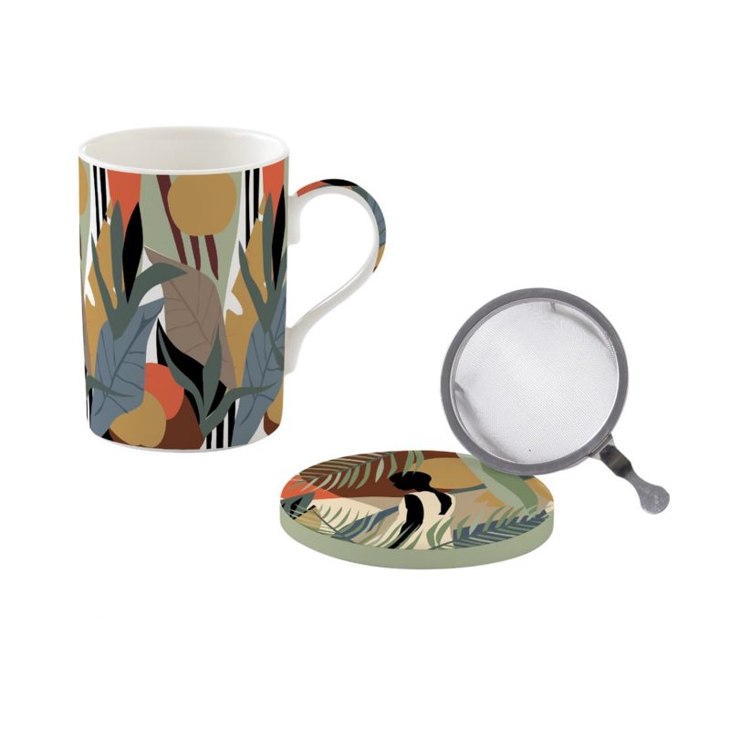 Coffret mug beige décor ramure + boule à thé en inox