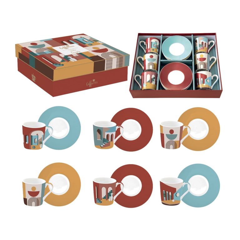 Service à Café Expresso Guzzini – 6 Tasses Porcelaine + 6 Soucoupes Plexiglas