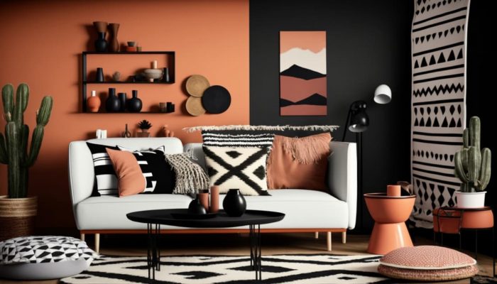 canapé moderne placé contre un mur rouge brique avec un tapis berbère beige et des coussins décoratifs aux motifs géométriques en noir et blanc