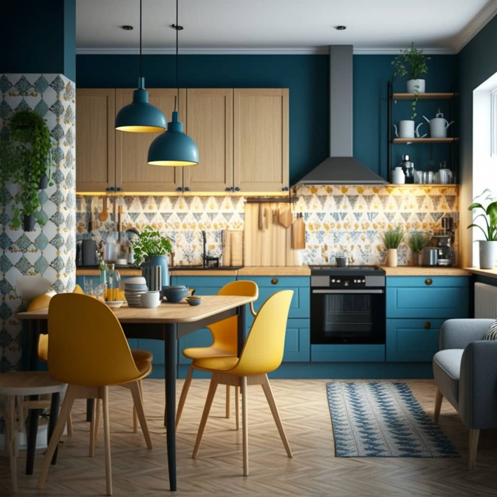 décoration jaune et bleu dans une cuisine avec un tendance scandinave