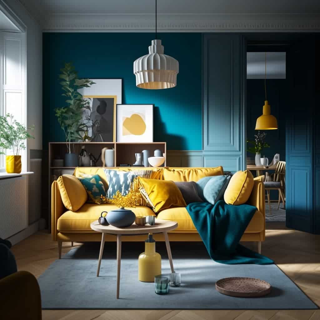 un salon séjour avec une décoration jaune et bleu