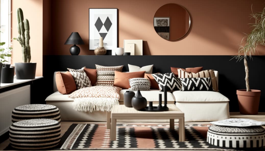 un tapis berbère beige et des coussins décoratifs aux motifs géométriques en noir et blanc