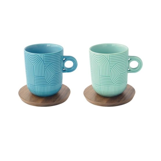 Coffret de 2 mugs colorés en porcelaine avec soucoupes en bois