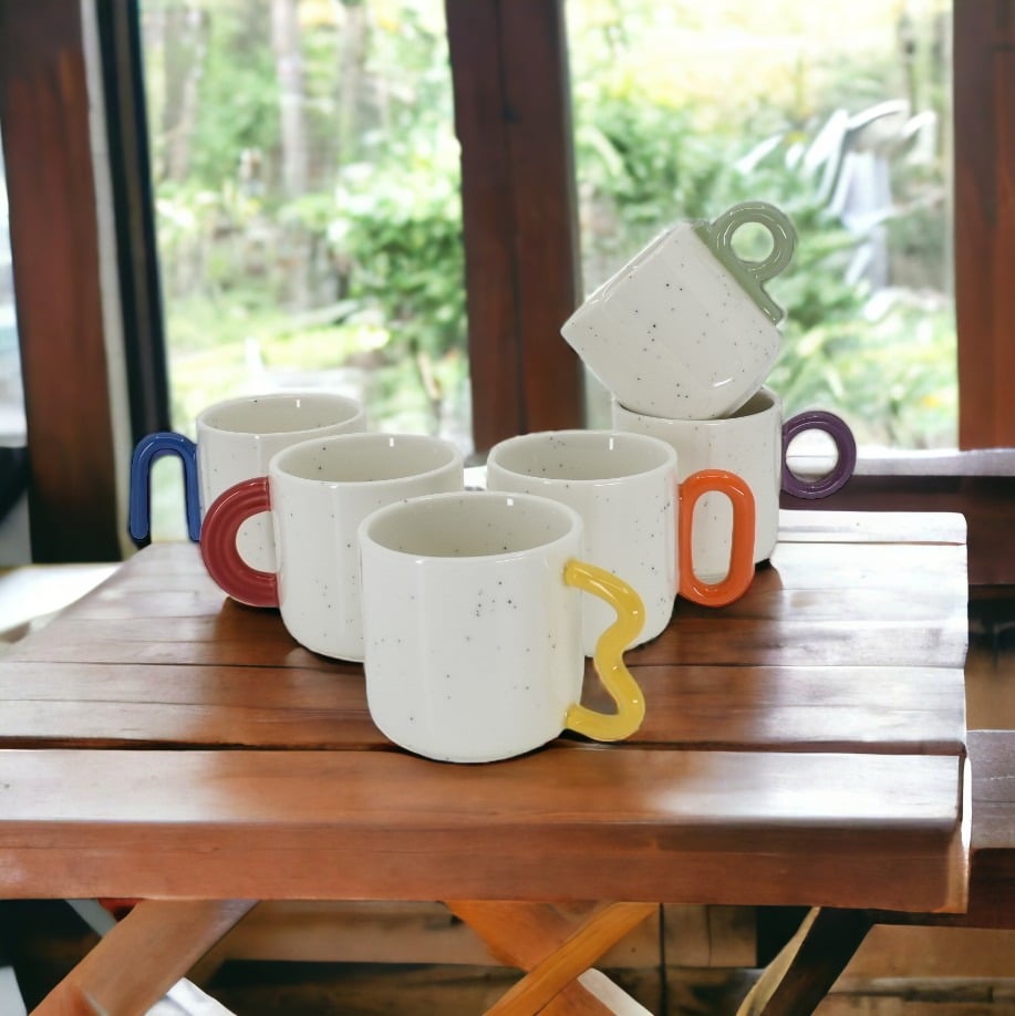 Service à Café En Porcelaine Fine – 6 Tasses, Design Noir Et Blanc, Motif E.T.