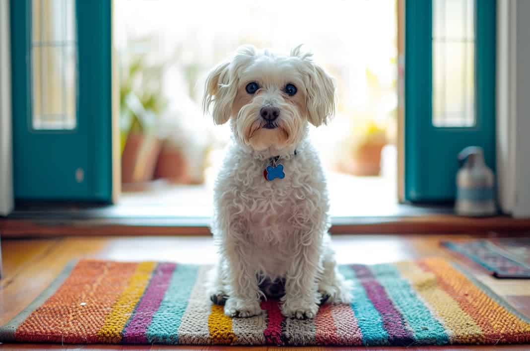 chien sur un tapis d'entrée de la maison