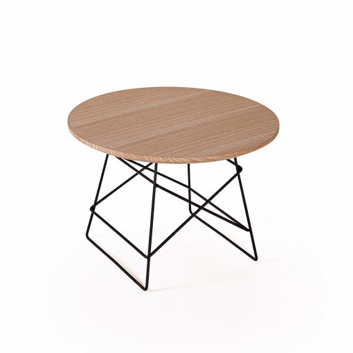 table basse ronde design en métal et plateau placage chene clair diametre 35 cm