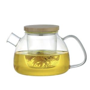 Théière 1 litre design en verre et couvercle en bambou