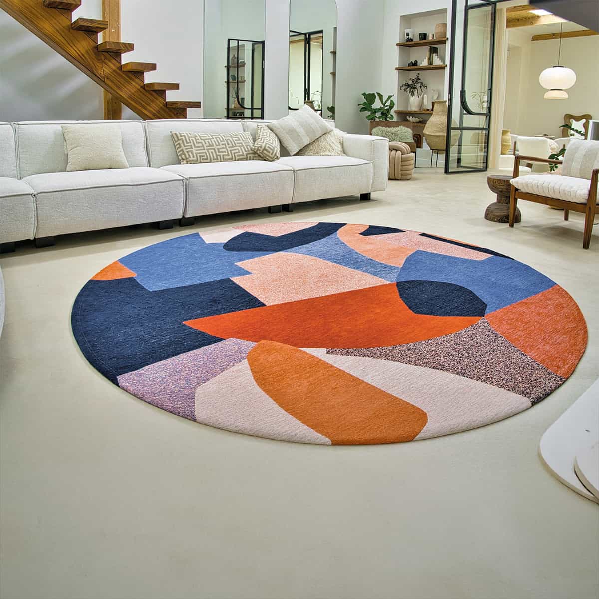 Tapis Rond Mandala Géométrique Style Boho – Antidérapant, Lavable, 180 Cm | Décoration Salon Chambre Motif Marocain Vintage