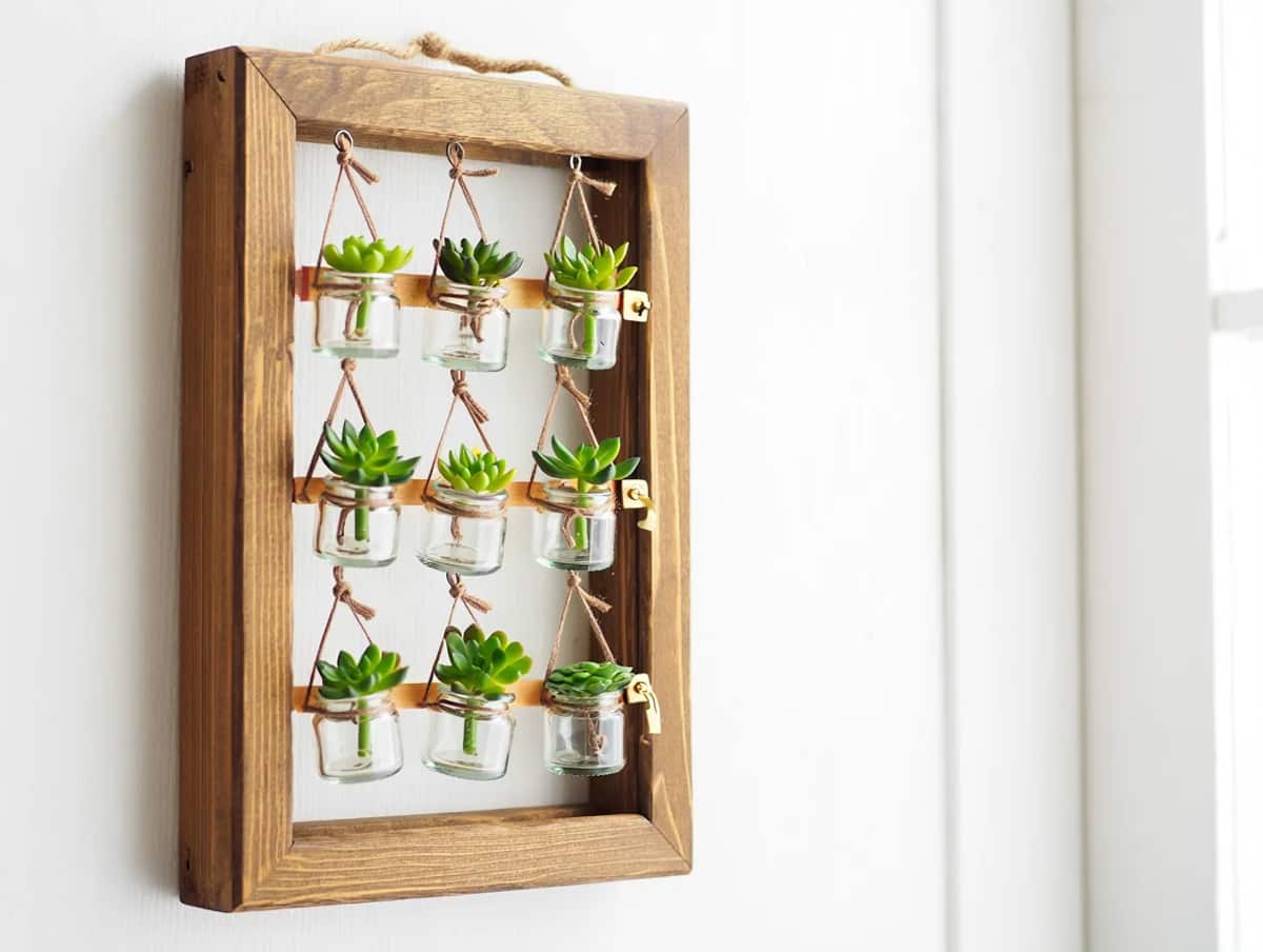 Cadre végétal suspendu fabriqué à partir d'un cadre photo en bois recyclé, contenant de petits pots en verre avec des plantes succulentes vertes, suspendus avec de la ficelle naturelle - jardin mural éco-chic