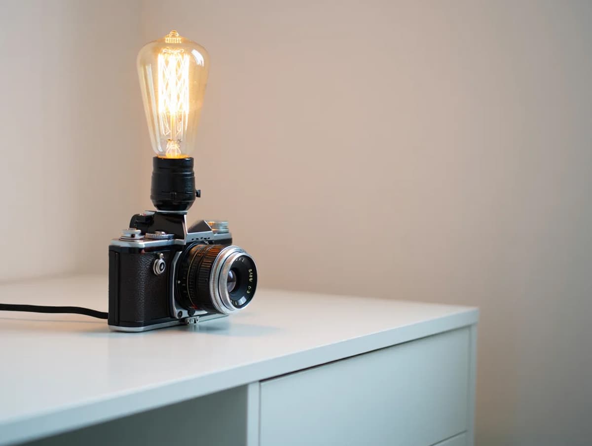 lampe de table fabriquée de manière créative à partir d'un vieil appareil photo vintage et d'une ampoule edison, placée sur un bureau moderne décoration d'intérieur recyclée et geek
