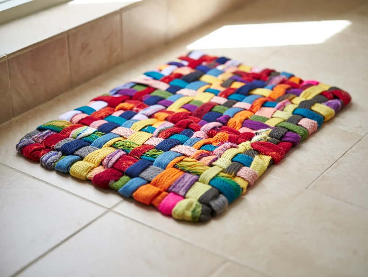 Tapis de bain DIY fabriqué en tissant du tissu de t-shirt recyclé coloré