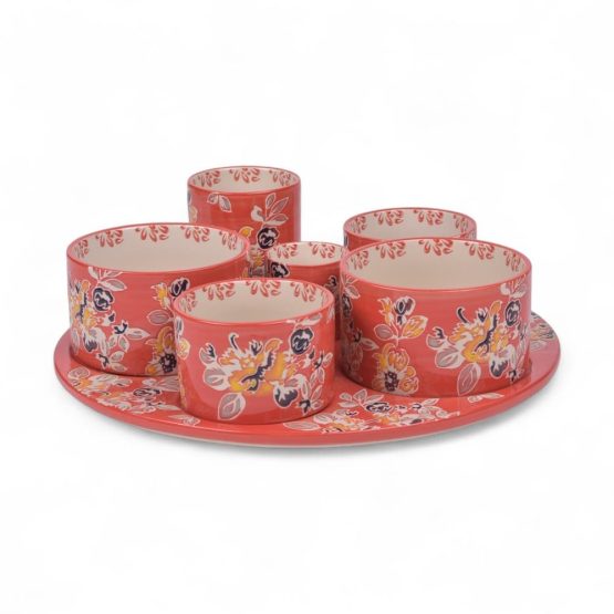 Service apéritif en grès orange à fleurs pivotant diamètre 31 cm
