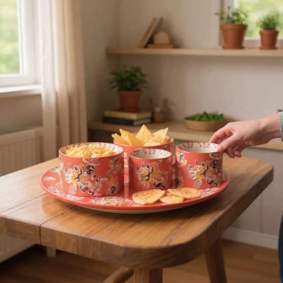 Service apéritif en grès orange à fleurs pivotant diamètre 31 cm – Image 2