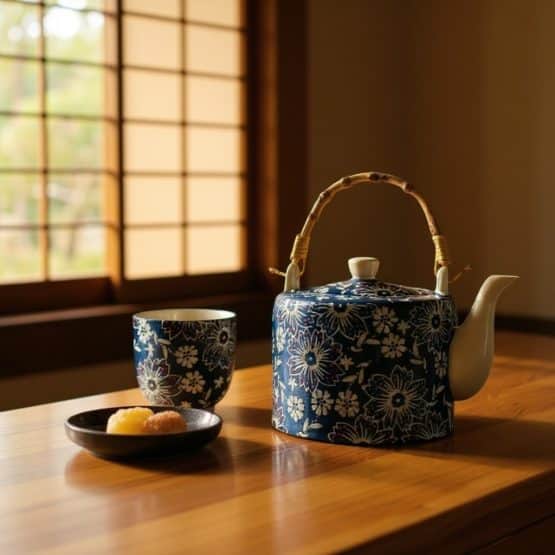 Set théière et 4 tasses en grès bleu à fleurs blanches – Image 2
