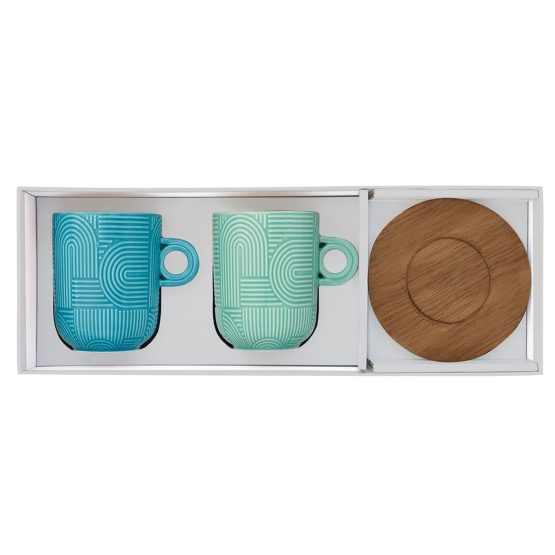 Coffret de 2 mugs bleu en porcelaine avec soucoupes en bois