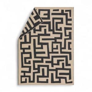 Plaid géométrique labyrinthe en coton noir et beige pour canapé en 140 x 200 cm