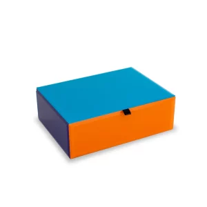 boite-decorative-rectangulaire-en-verre-colore-couvercle-bleu-turquoise-base-orange-et-violet