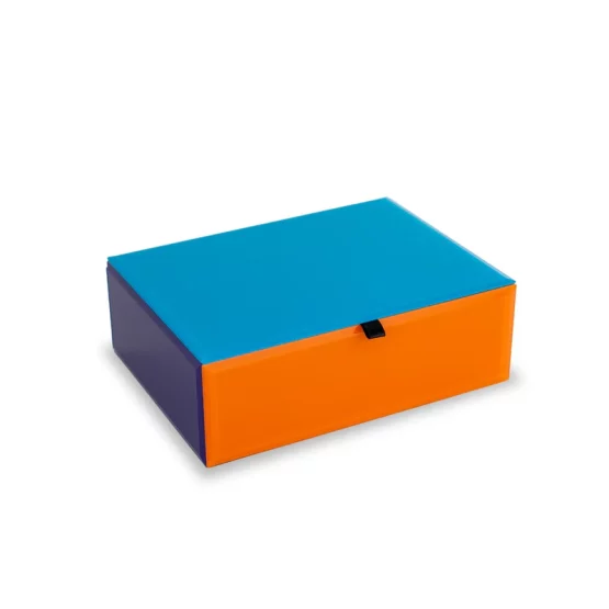 boite-decorative-rectangulaire-en-verre-colore-couvercle-bleu-turquoise-base-orange-et-violet