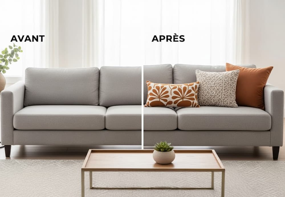 avant après : canapé avec coussins