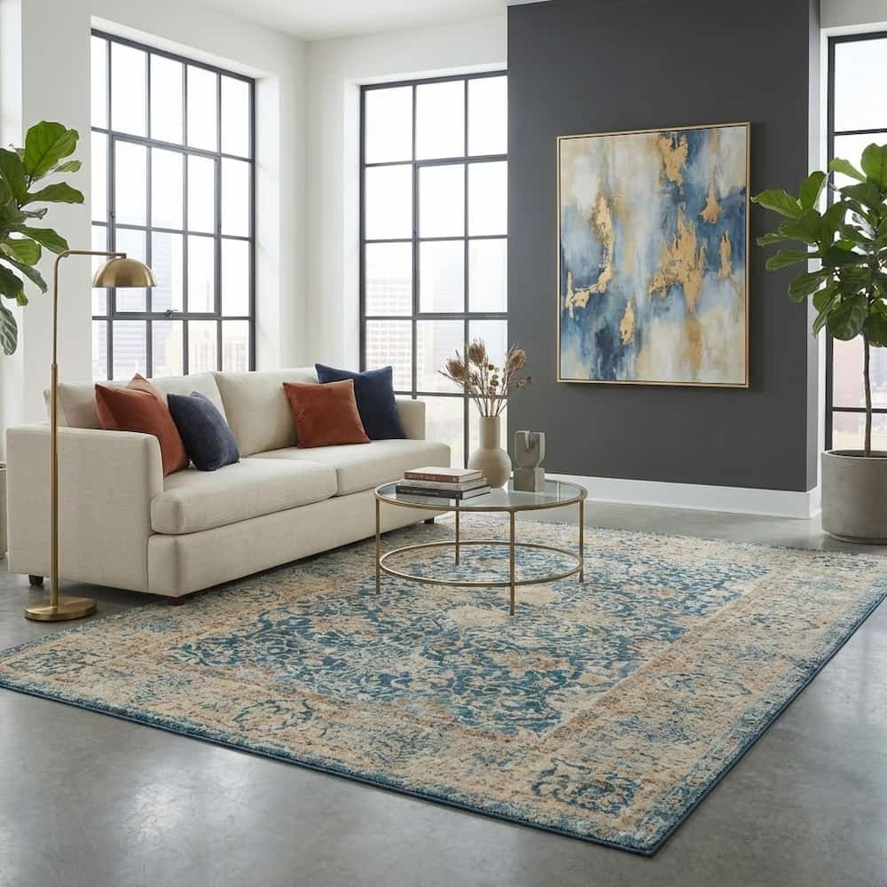 tapis vintage bleu et beige à motif orientale effet vieilli