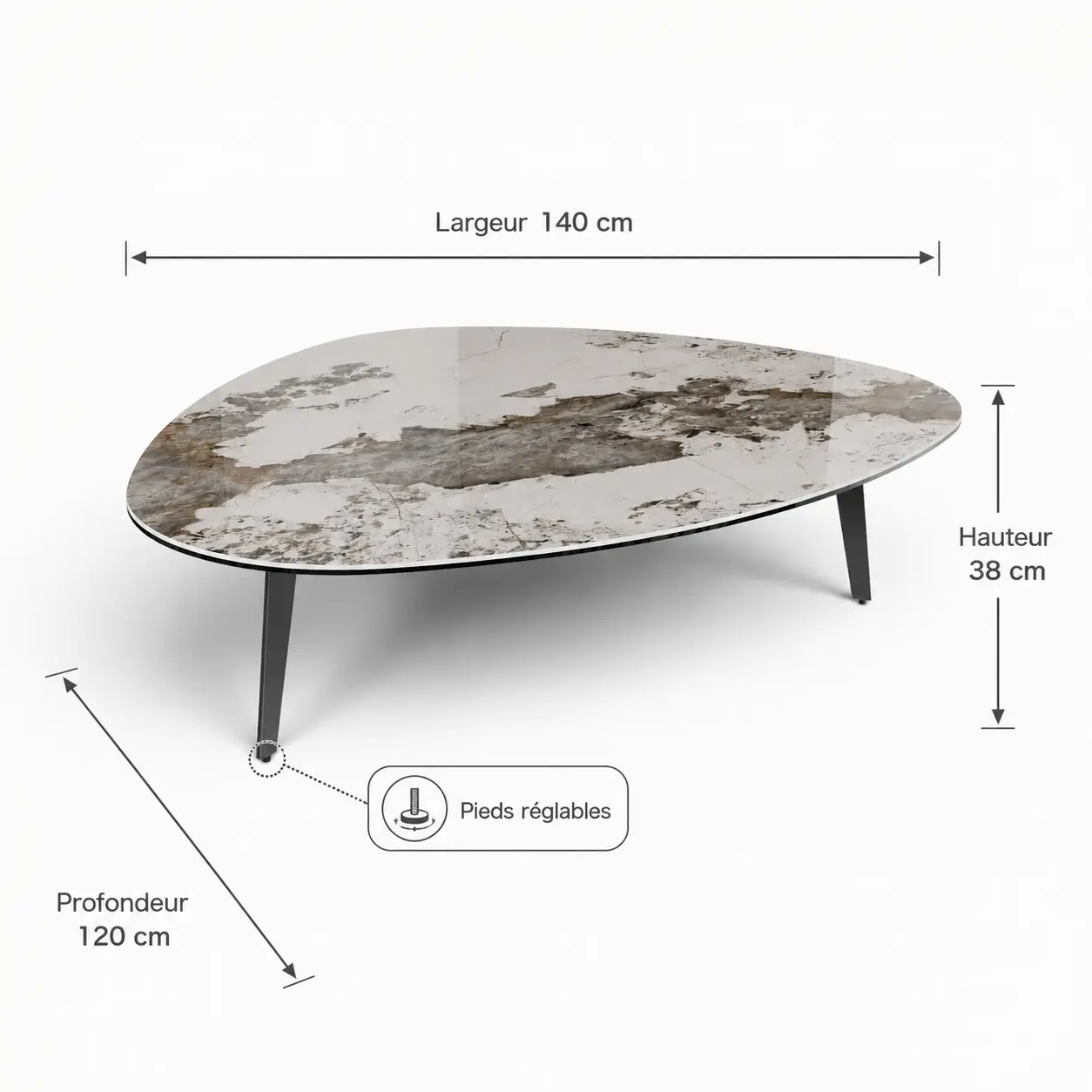 détails et dimensions de la table basse en céramique design