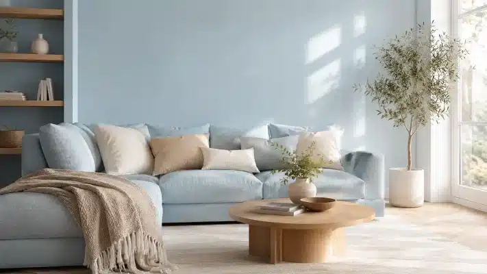 Salon décoré en couleur bleu glacier avec canapé, coussins lin et bois naturel clair
