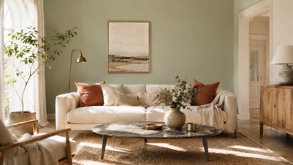 Salon décoré en vert sauge avec canapé en lin, coussins naturels et luminaire en laiton — tendance déco 2026