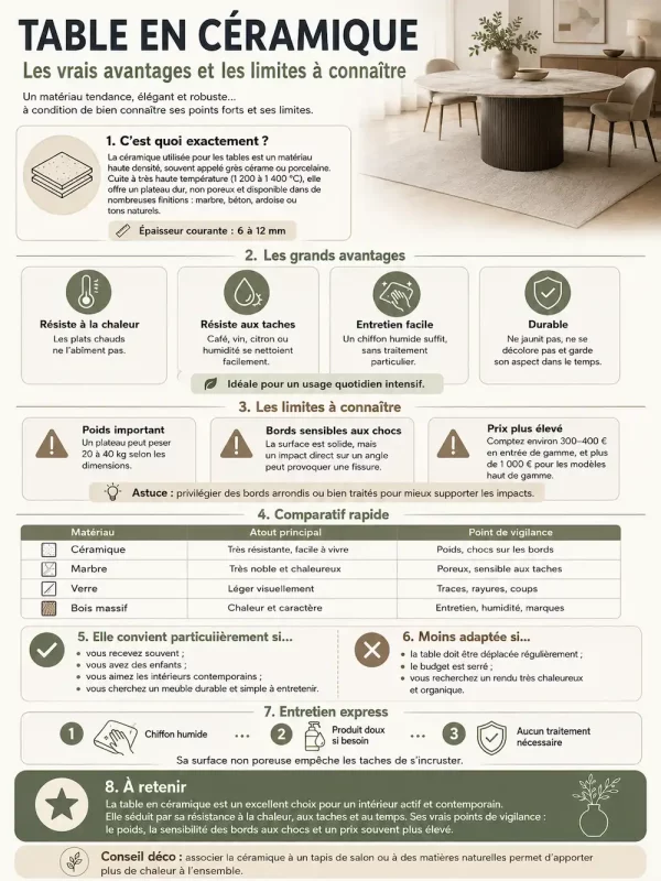 Infographie sur les avantages et limites d’une table en céramique, avec conseils d’entretien, résistance aux taches, chaleur, poids et comparaison avec marbre, verre et bois massif