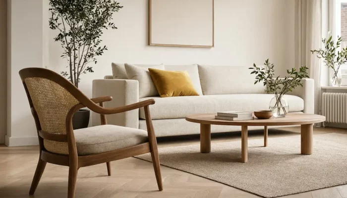 Salon style mid-century modern avec fauteuil vintage en bois et canapé contemporain, ambiance chaleureuse
