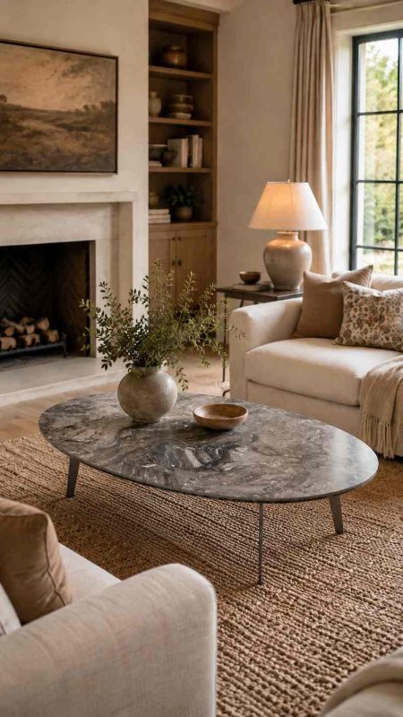 Salon contemporain chaleureux avec table basse ovale en céramique effet marbre gris