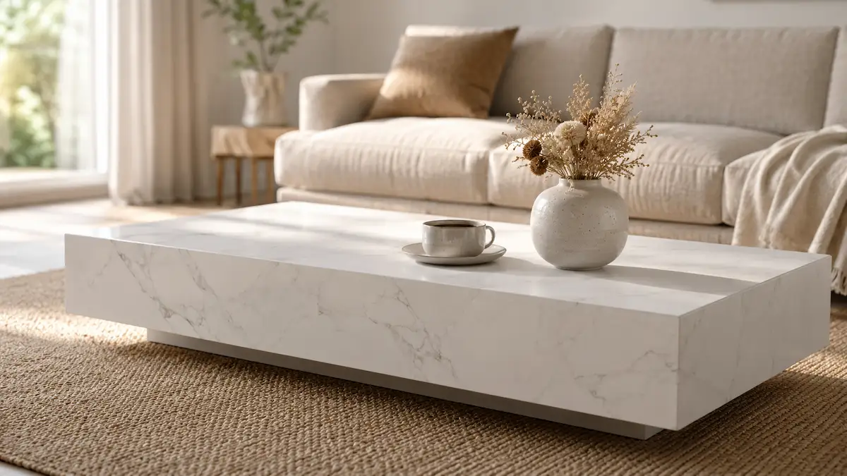 Table basse en céramique effet marbre dans un salon contemporain lumineux