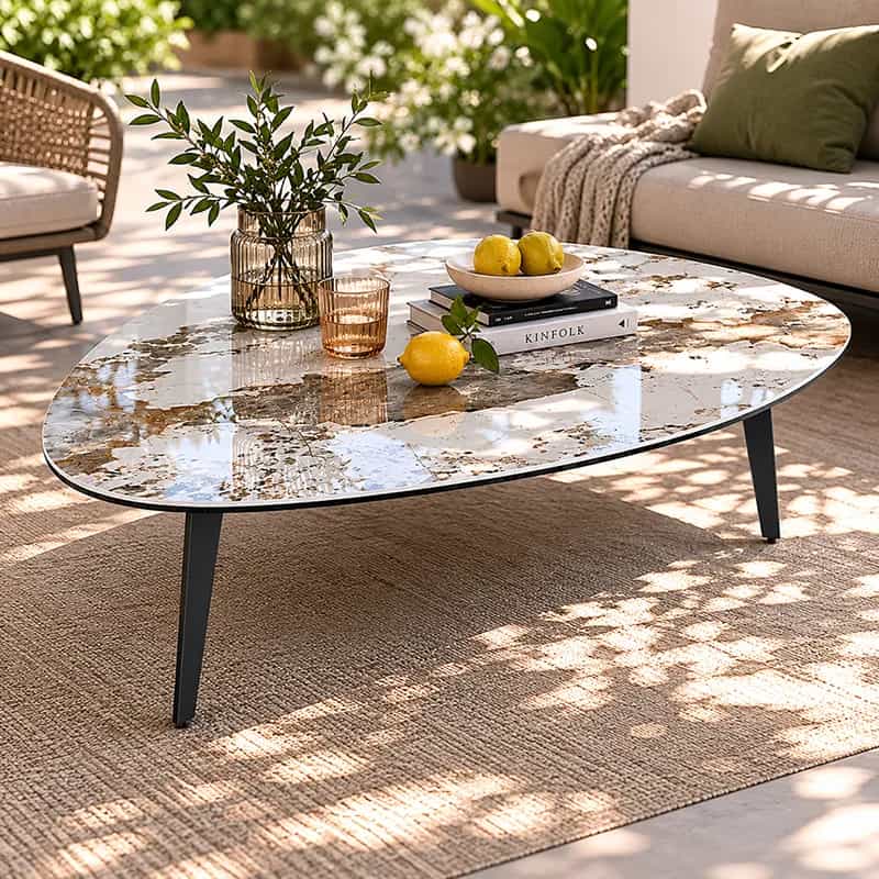 les motifs de la céramique offrent de l'originalité à cette table basse