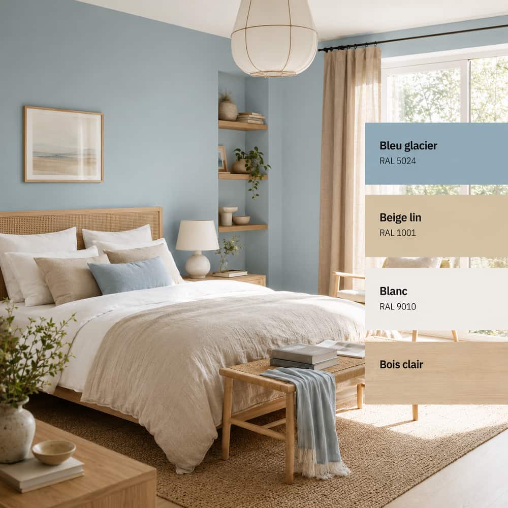 combinaison de couleur chambre bleu glacier, beige lin et blanc