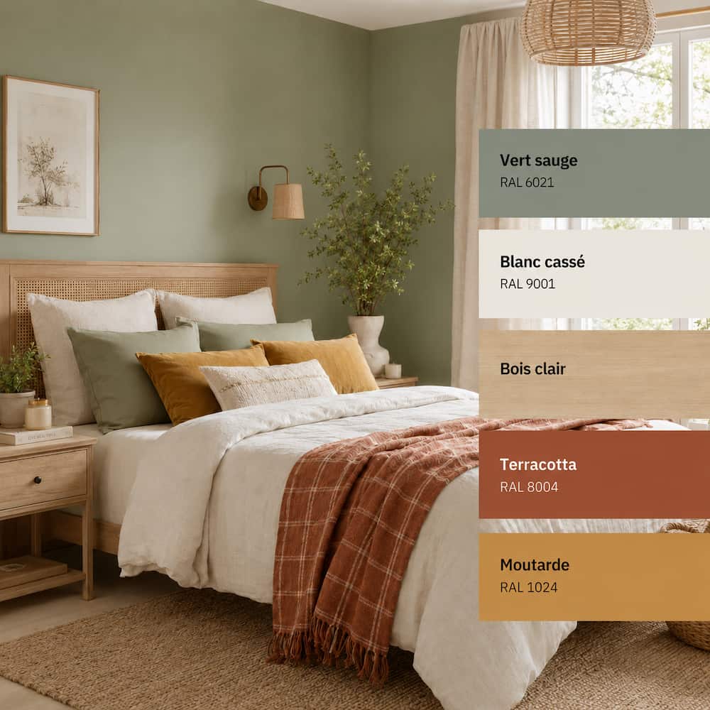 combinaison de couleur chambre vert sauge, blanc cassé et bois clair