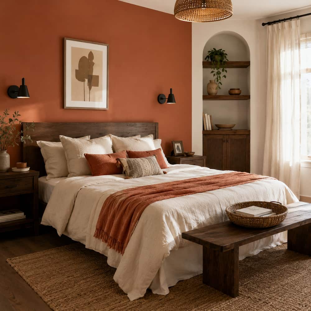 combinaison de couleur dans une chambre avec terracotta, écru et bois foncé