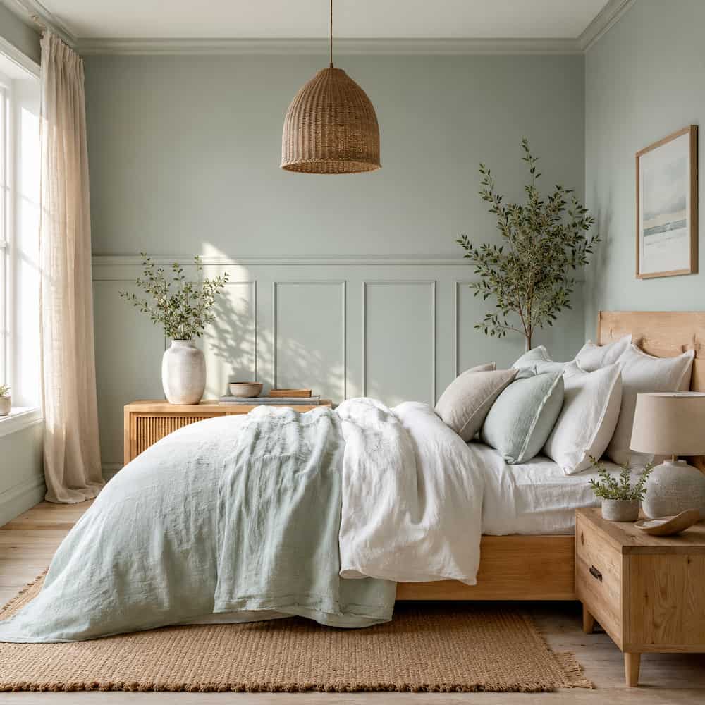 associer le vert d'eau et bois naturel dans une chambre