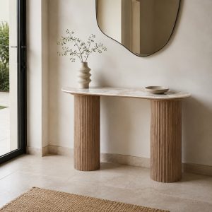 Console d'entrée en céramique Effet Marbre et bois ton noyer