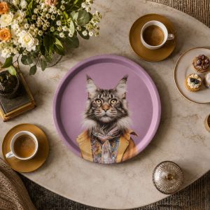 Le plateau rond Olie en bois, motif chat, apporte une touche déco et originale à votre table ou votre apéritif. Bois massif, Ø38cm, entretien facile.