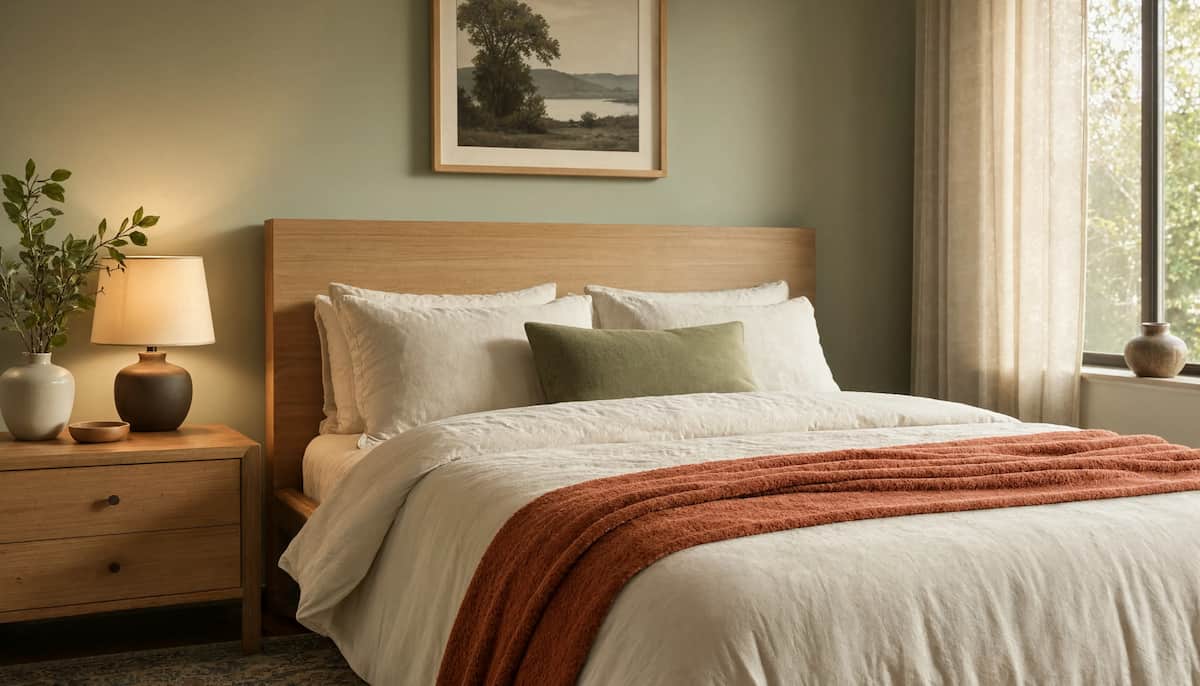 Chambre apaisante avec mur vert sauge, linge de lit en lin blanc cassé et plaid terracotta
