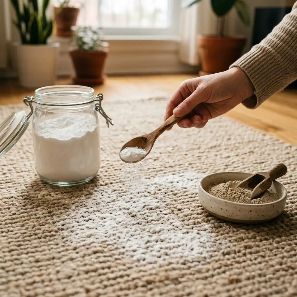 Application de bicarbonate de soude et terre de Sommières en poudre sur un tapis