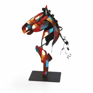Sculpture tête de cheval en métal coloré