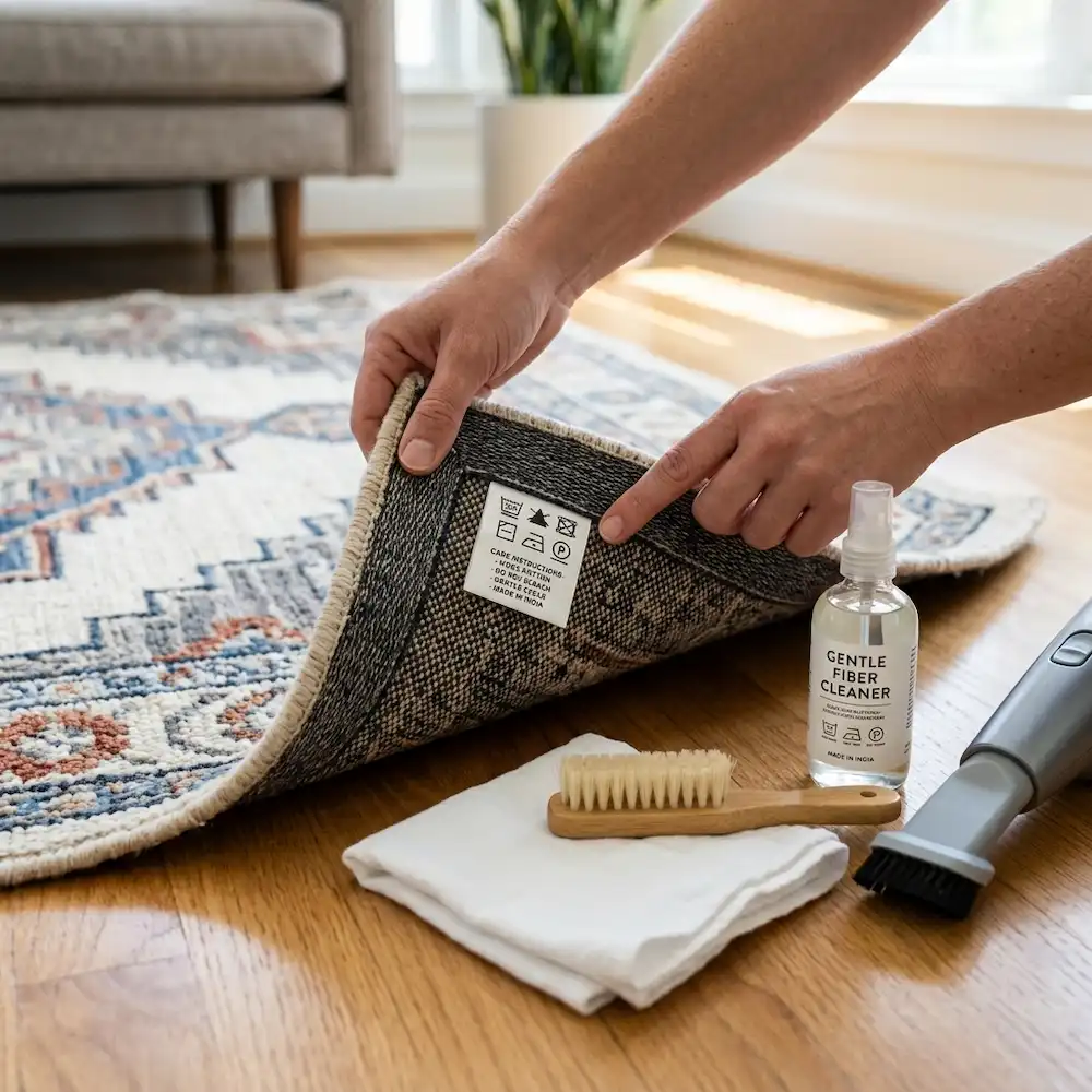 Vérification de l'étiquette d'entretien du tapis et matériel de nettoyage doux