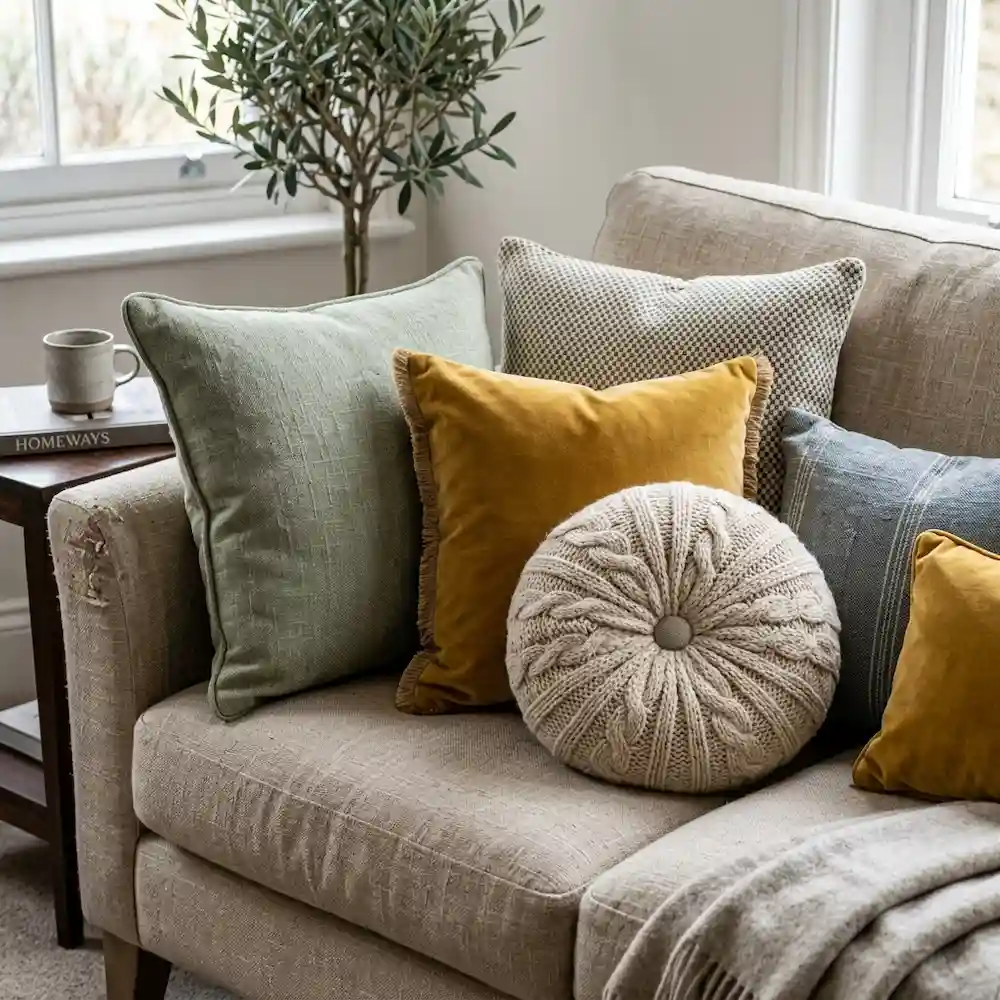 Assortiment de coussins design en velours et lin aux formes variées sur un canapé Assortiment de coussins design en velours et lin aux formes variées sur un canapé