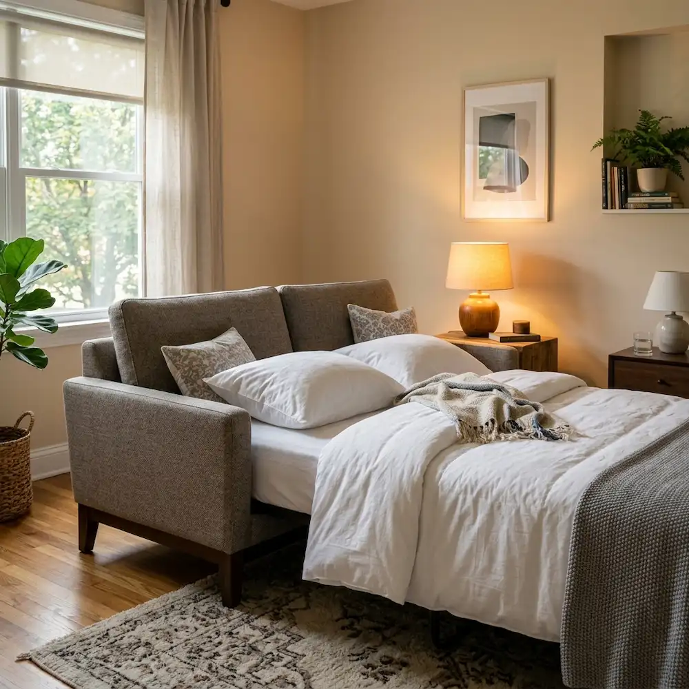 Canapé-lit convertible déplié avec matelas épais haute densité pour couchage régulier