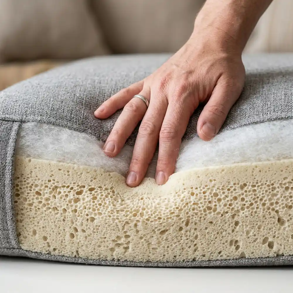 Main effectuant un test de pression sur un coussin de canapé en mousse haute résilience