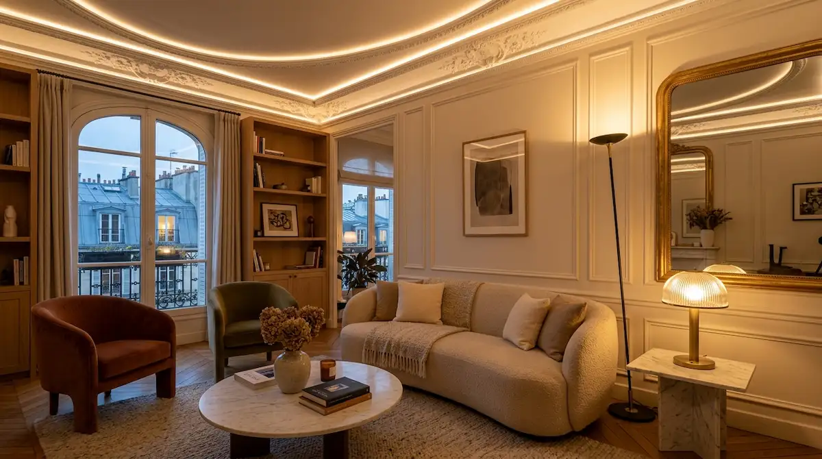 Salon moderne chaleureusement illuminé avec plusieurs sources de lumière pour agrandir visuellement l'espace