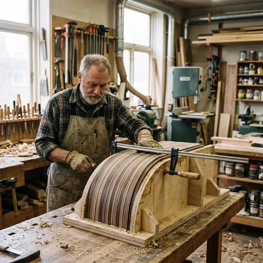 Fabrication artisanale d'un meuble en bois cintré avec du contreplaqué flexible dans un atelier de menuiserie.