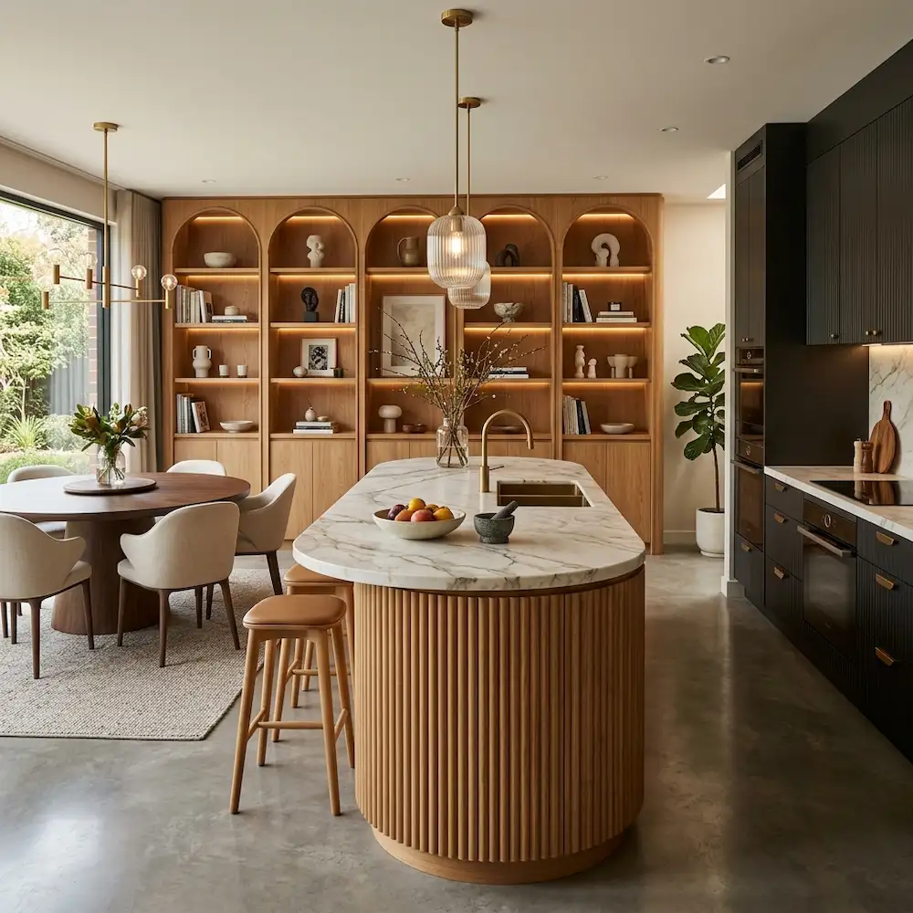 Îlot de cuisine moderne avec façades courbées en bois cannelé et plan de travail arrondi en marbre.