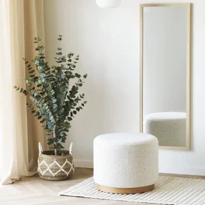 Pouf bois et tissu beige rond diamètre 50 cm